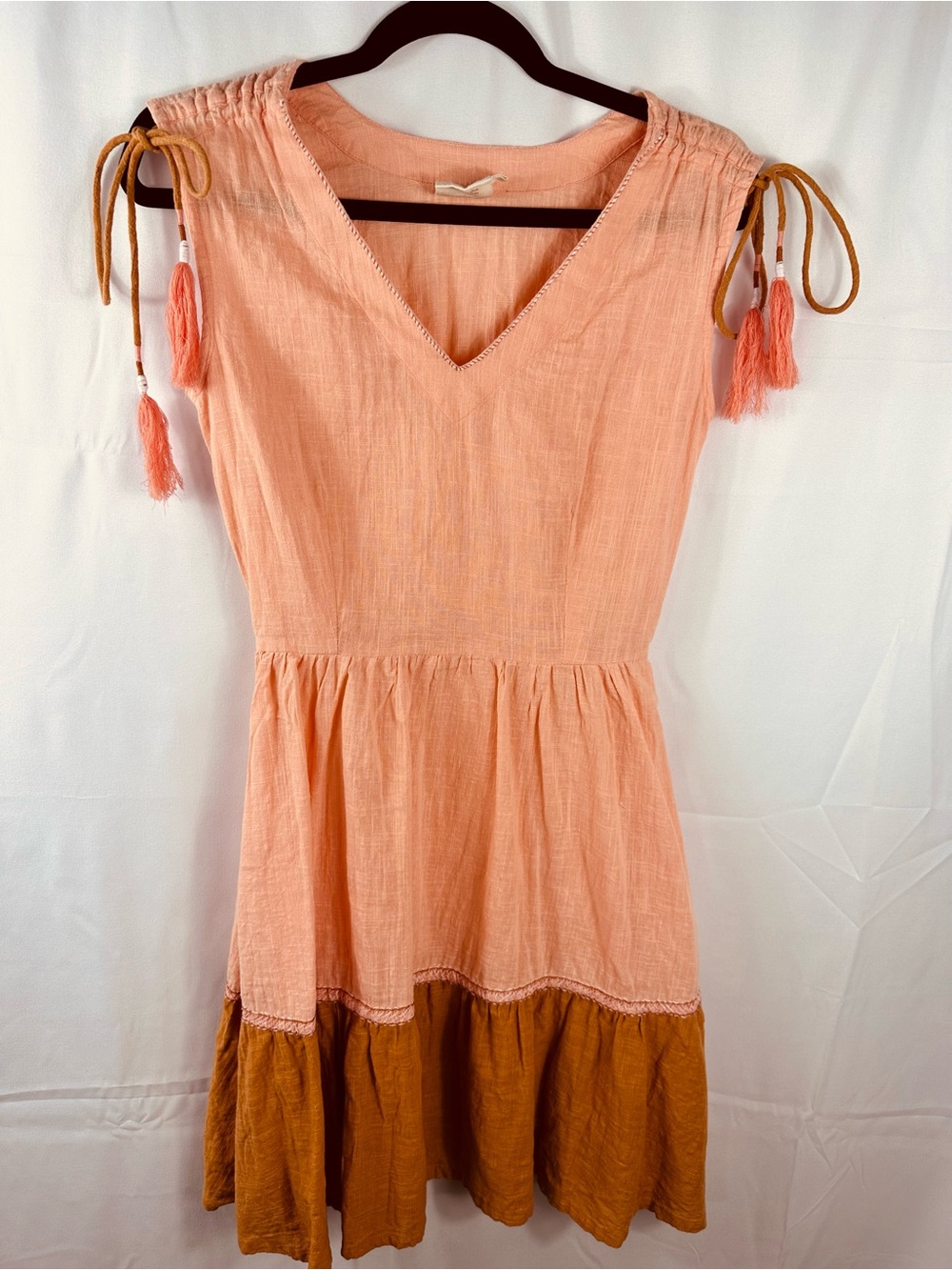 Mata Traders Peach V-Neck Cotton Top with Mustard Tier